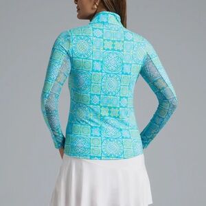 IBKUL IBCOOL Josie Print Long Sleeve Zip Mock Neck Top Turquoise/Lime XL